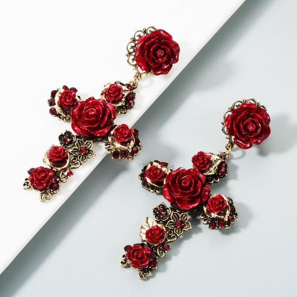 2020 Declaração de Euramerican Barroco Big Rose Flor Cruz filigrana Brinco cor do ouro esmaltado Dangle Earring