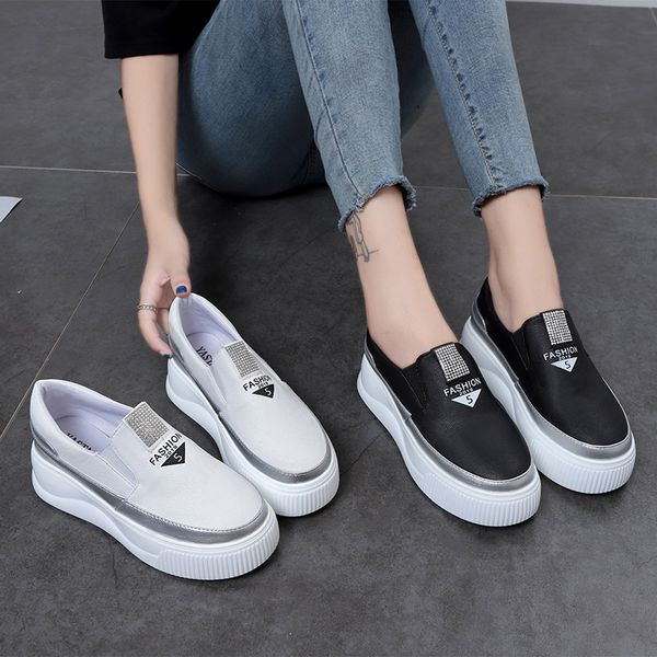 

crystal platform shoes woman leather moccasins loafers women thick bottomed flats fashion students shoes y10347, Black