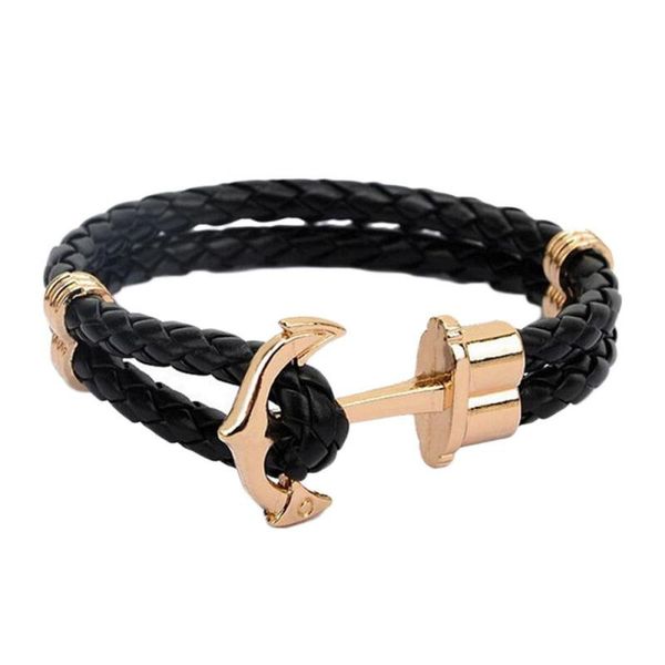 

junwei men double-deck boat anchor weave chain leather bracelets black rope gold anchor