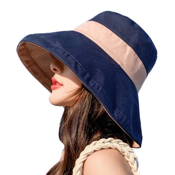 

women summer double-sided reversible bucket hat uv protection wide brim contrast color packable travel vacation beach sun cap, Blue;gray
