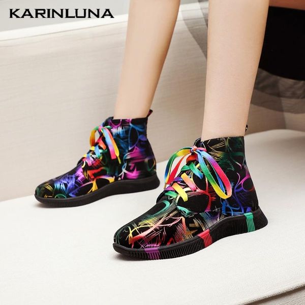 

karin 2020 brand design women boots round toe med heels graffiti cross-tied spring/autumn casual women shoes, Black