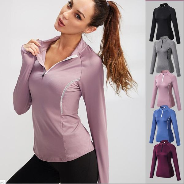 LU LU Autunno Yoga Tops Inverno Donna Sport Manica lunga Fiess Camicia da corsa Abbigliamento da allenamento Collant alti elastici Maglione con colletto alla coreana ad asciugatura rapida