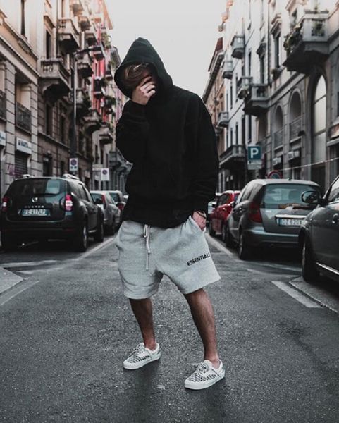 

mens high street elastic waist shorts pants women hip hop essentials print pants lovers cutton solid color casual pants, Black