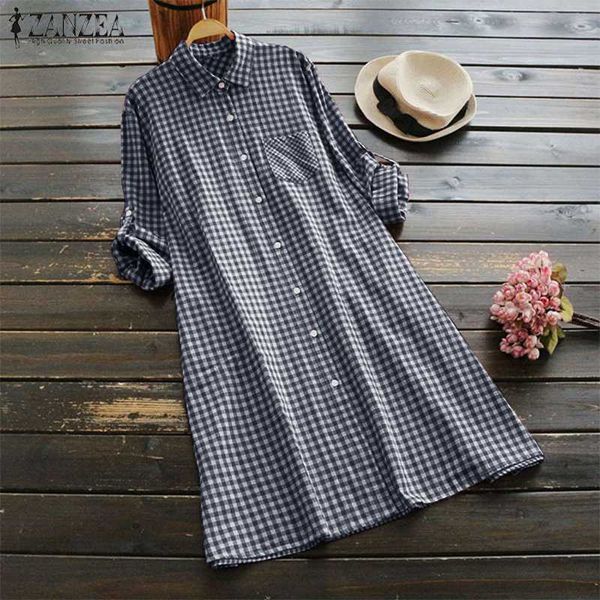 

casual dresses zanzea 2021 summer dress women cotton linen vintage check plaid mini turn-down collar shirt beach party vestido, Black;gray