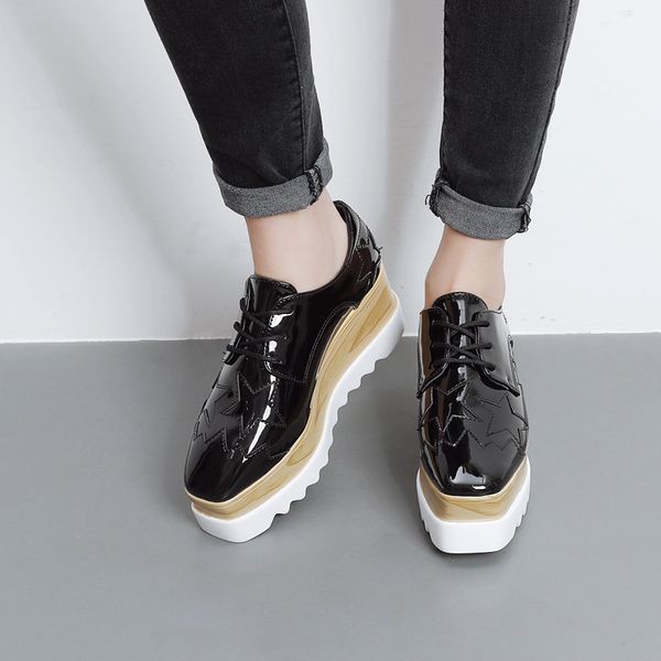 

cleverly2020 platform star spring thick-soled women's wedge square toe shoes british style casual increased 2168-5, Black
