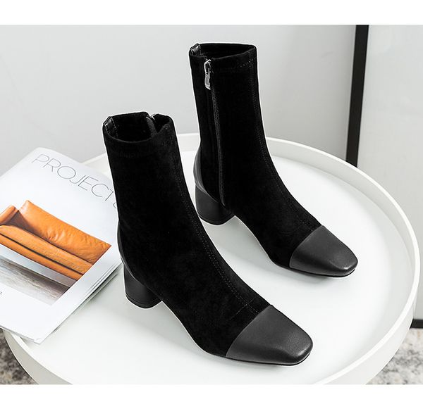 

2020 autumn and winter women genuine leather boots women's med heel boots patchwork design black colors size 34 to 40 b9504