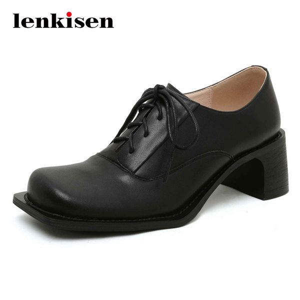 

lenkisen 2020 full grain leather high fashion square toe thick high heel lace up pretty girls maiden dress gentlewomen pumps l09, Black