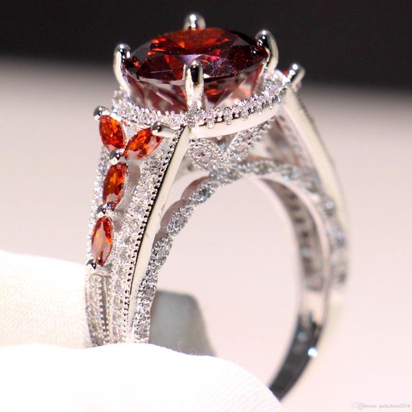 

chouconvintage fashion jewelry 925 sterling silver round cut garnet cz diamond eternity promise women wedding band ring for lovers' gif, Slivery;golden