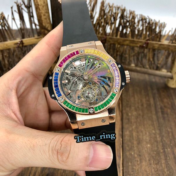 

version 304.px.1180.lr color skeleton dial rose gold diamond bezel true tourbillon mechanical movement mens watch rubber strap watches, Slivery;brown