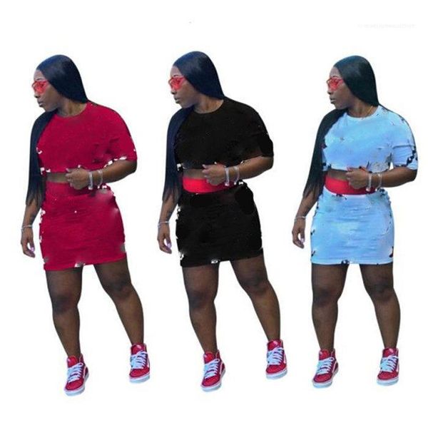 

panelled ladies designer skirts dew waist women 2 piece summer outfits summer print short sleeve plus size 2pcs sets, White