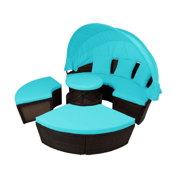 

us stock patio furniture round outdoor sectional sofa set rattan daybed sunbed with retractable canopy height adjust sh000086aac