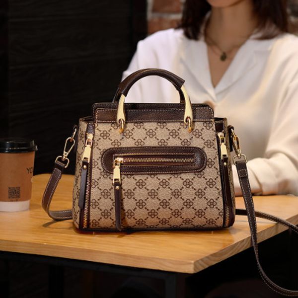 

women's bag printing large metal handle handbag large capacity bag multi-shoulder strap classic brown professional female