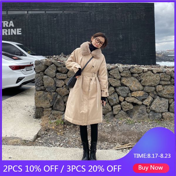

mishow atumn winter fur collar long sleeve down coat women high waist belt long jacket mx19d8909, Black;white