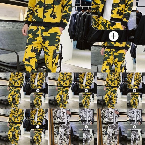 

2019 new youth sweater set men's fashion casual camouflage sports two-piece sweater jacket jacket set bkypb, Black