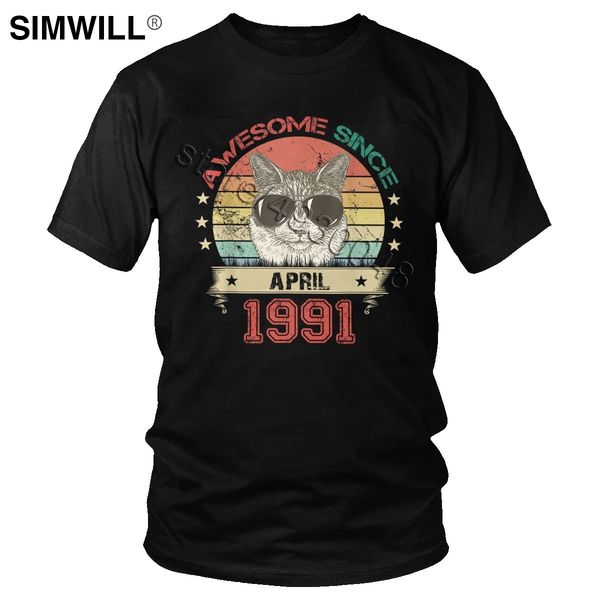 

men awesome since april 1991 cat lover t shirt cute happy birthday gift t-shirt short sleeved cotton tshirt designer clothing