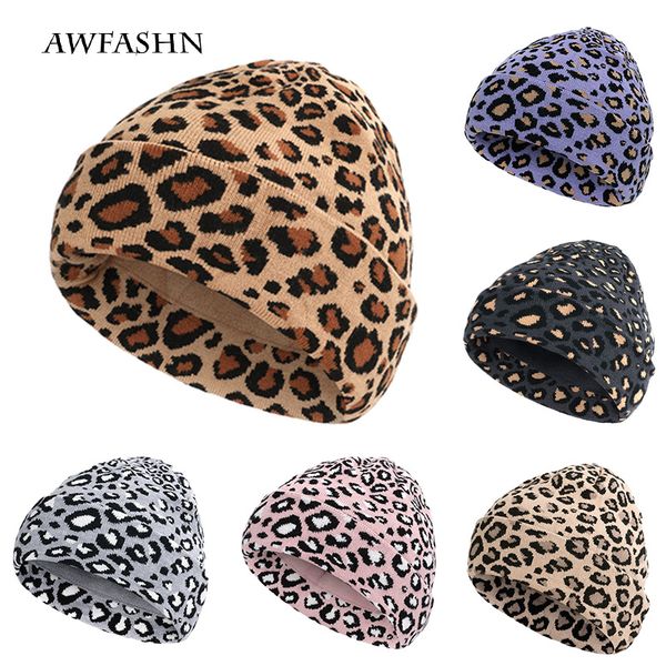 

beanie/skull caps 2021 fashion ladies winter leopard knit beanie hat women / men double thick warm wool vintage soft cap cotton bonnet ski, Blue;gray