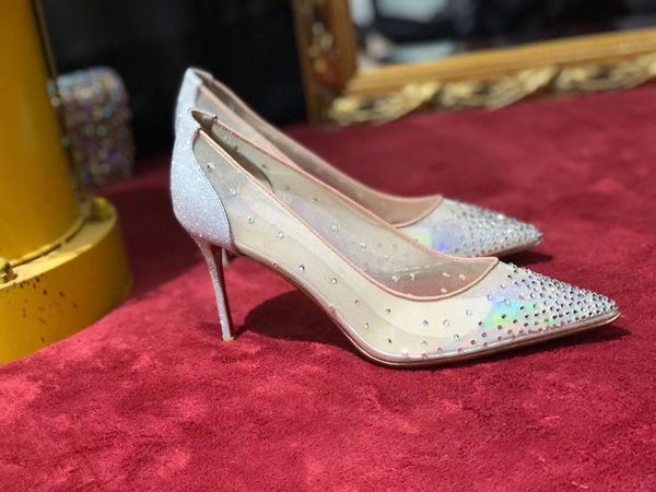 

dress wedding party women pumps pointed toe red bottom women's shoes follies strass high heels mesh & crystal stiletto heel eu43, Black