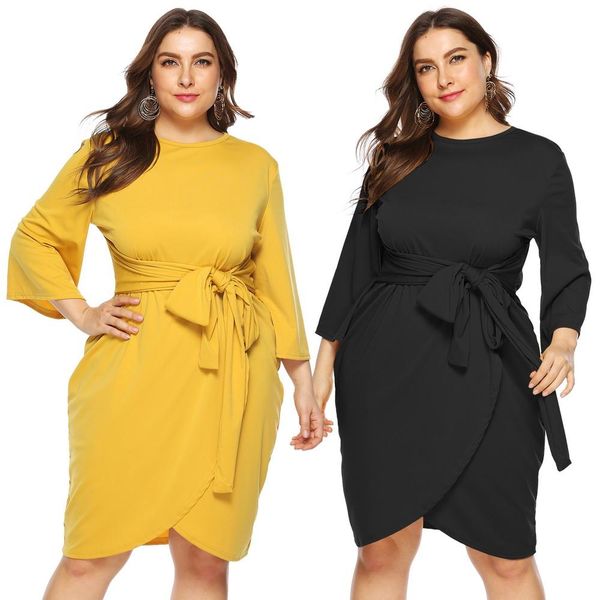 

neck sashes o size plus solid long women asymmetrical hem office dress 4xl sleeve d40 length ladies casual knee dresses axswx, Black;gray