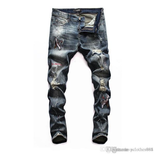 

2020 new arrival mid-waistline pants mens jeans letter printing mens designer pants european and american motorcycle mens ripped jeans, Blue