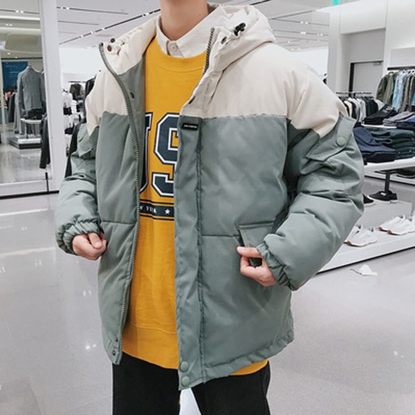 

winter jacket men warmth thick fashion contrast color casual parka men hooded coat man streetwear wild loose cotton male clothes, Black