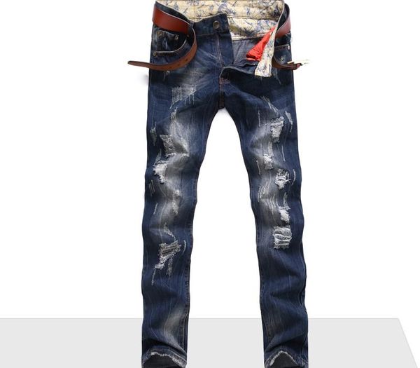 

new arrival hole spliced motorcycle denim long pants men jeans autumn & spring 2018 fashion casual cotton jeans for men, Blue