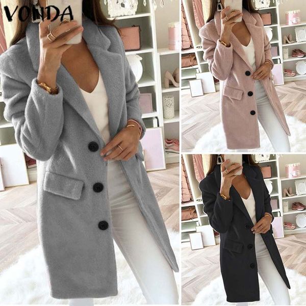 

vonda 2020 trench womens autumn winter slim trench casual button pockets solid long windbreaker vintage blends coats plus size, Tan;black