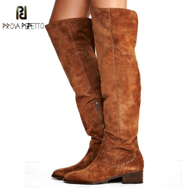 

prova perfetto cow suede women thing high boots metal rivet studded zipper shoes autumn winter plush warming flat long boots, Black