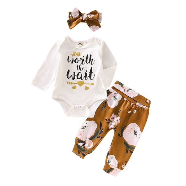 

autumn baby girl clothing set long sleeve letters romper flower print trousers headband children kids girls outfits clothes, White