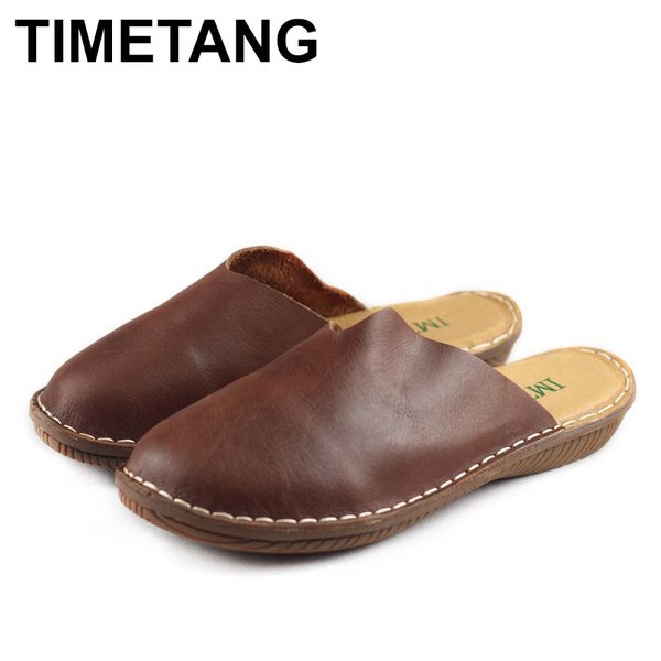 

timetang retro genuine leather slippers woman flat bottom handmade sandals real leather shoes, casual slippers, Black