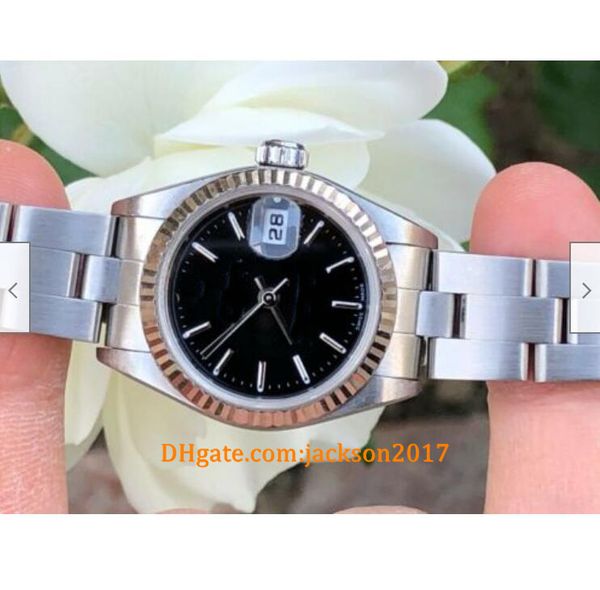 

20 style christmas gift watches 26mm 79174 ladies steel 18k white gold black stick dial automatic machinery, Slivery;brown