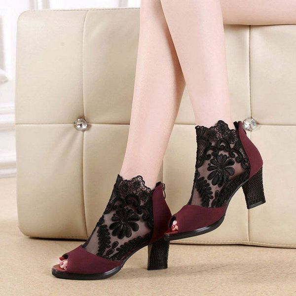 

female popular beach shoes mesh high heels chunky lace open sandals, Black