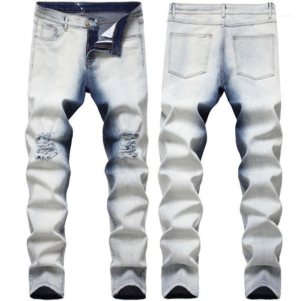 

hop street style skinny pencil pants 2020 mens designer hole jean gradient color jeans fashion hip, Blue