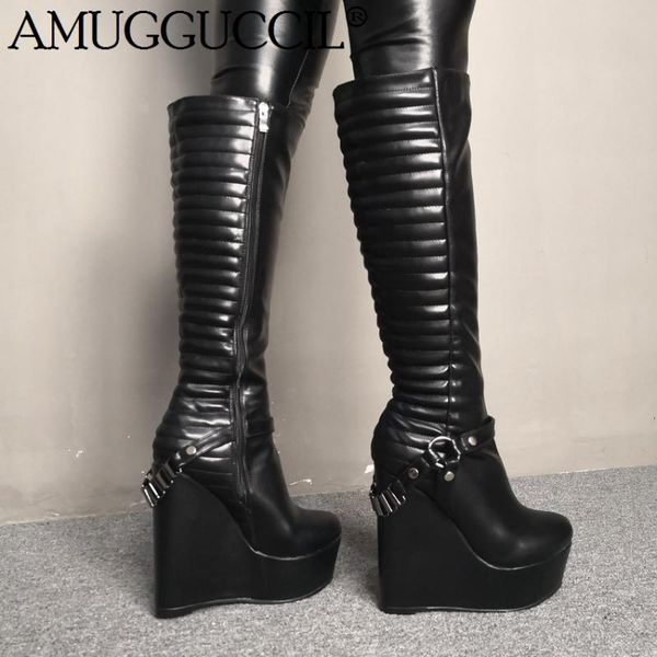 

boots 2021 plus big size 34-48 black zip fashion knee high heel wedges autumn winter ladies females women x1837