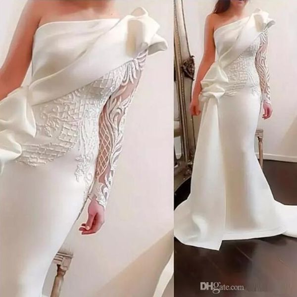 

Elegant One Shoulder Mermaid Long Party Prom Dresses 2020 White Long Sleeves Satin Ruched Ruffles Applique Sweep Train Formal Evening Dress