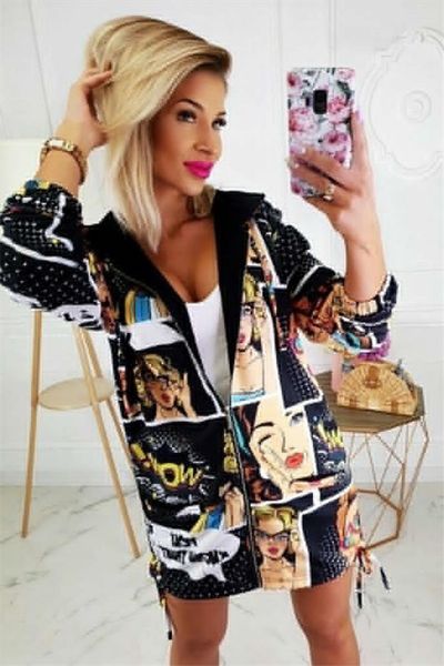 

winte fashion women floral print chic cool long sleeve zipper bomber jacket casual coat outwear hoodie, Black