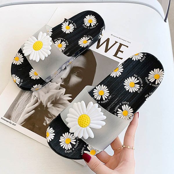 

outside transparent daisy slippers women flip flops print pantuflas summer beach shoes women sandals sunflower clear slides2020, Black