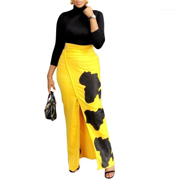 

skirts light yellow high waist ladies skinny skirts female clothing split solid color print designer womens, Black