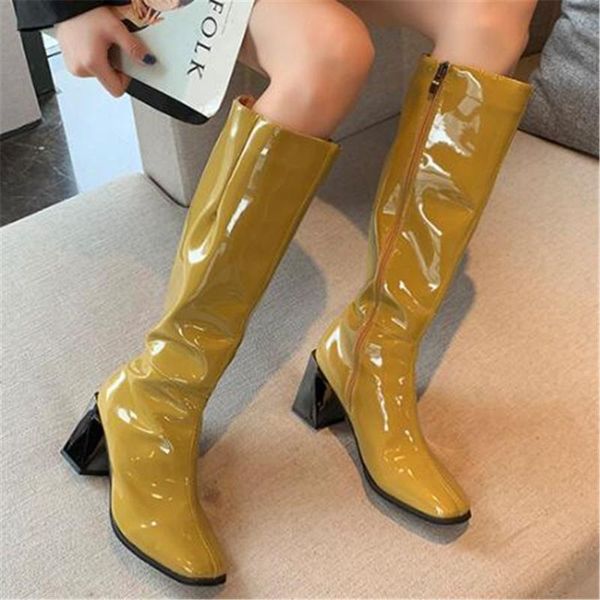 

new autumn leather women knee high boots motorcycle square toe side zip footwear high heels female riding boot woman long boots, Black