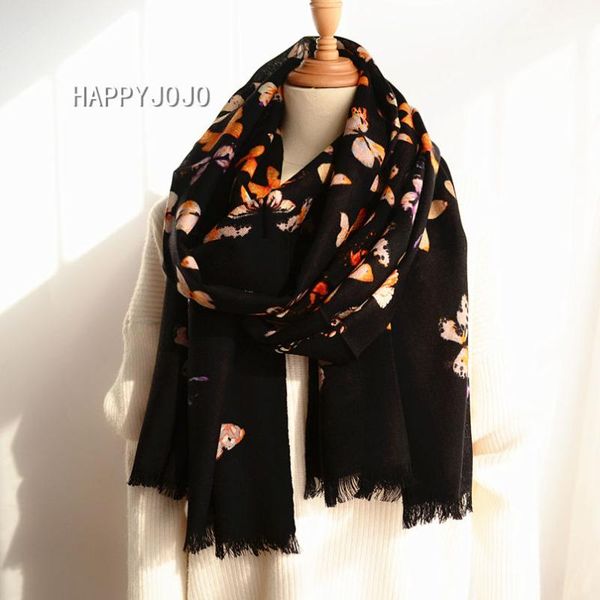 

wool scarf black printed butterfly shawl soft feel thin chic fashion casual light luxury for women or lady, Blue;gray