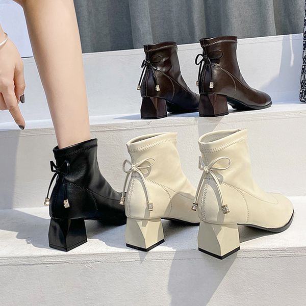 

med heel boots boots-women women's rubber shoes rain booties woman 2020 high heels luxury designer round toe mid calf, Black