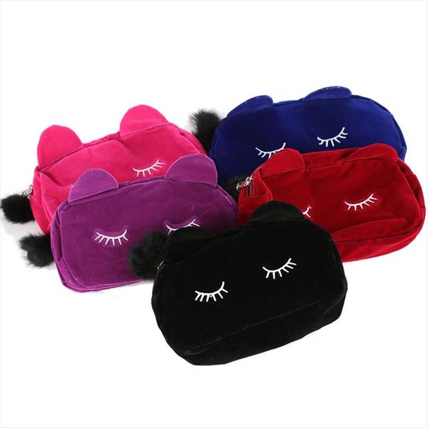 

1pcs portable cartoon cat makeup bag coin storage case travel makeup flannel pouch cute cosmetic bag cases for women girls