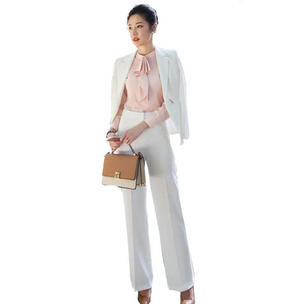 

2020 brand new womens two-piece sets business office lady suits blazer + elegant skirt wide pants blouse formal clothes, White