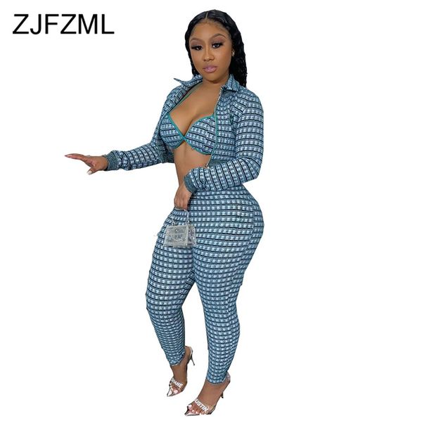 

two piece dress plaid 3 set women halter backless bra + turn down collar long sleeve zippers coat pencil pants festival outfits, White