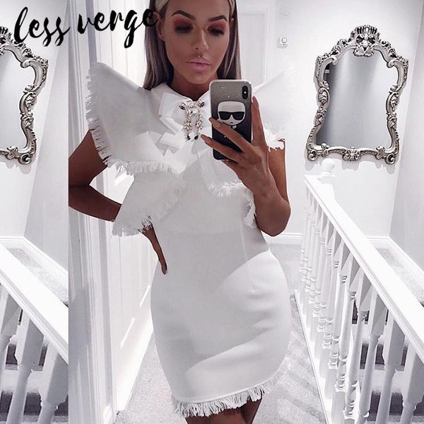 

lessverge crystal tassel white bandage dress women black pencil bodycon dress autumn winter short fringe runway femme, Black;gray
