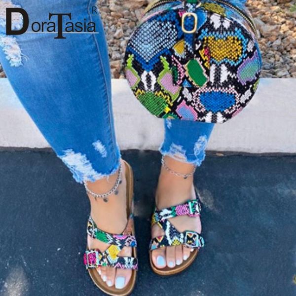 

doratasia new arrival ins casual flat slides slip-on casual beach slippers women cool colored print shoes woman, Black