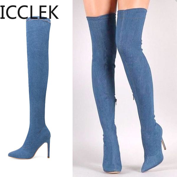 

boots plus size women elastic denim jean thigh high knee cowboy for heels botas mujer, Black