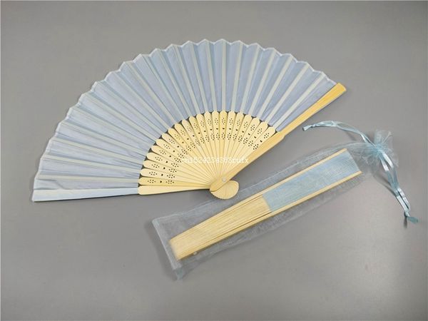 

party favor 50pcs wedding silk hand fans bride & groom's name on bamboo handle with organza gift bag