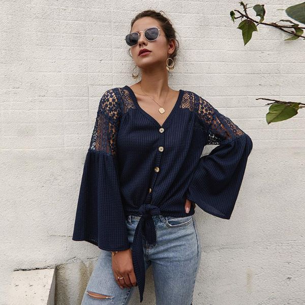 

women ladies blouse party summer v-neck long sleeve flare shirts button down hollow out, White