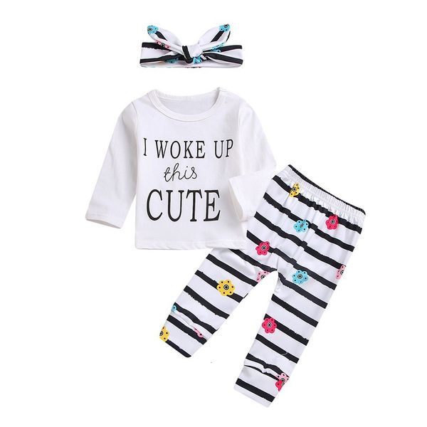 

3pcs cut babys boys clearance toddler baby letter t-shirt clothes+floral stripe pants+headbands set outfit z0128, White
