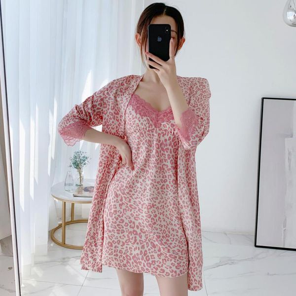 

sexy leopard lace мини nightyrobe набор nightdress женщин глубокий v-образный вырез халат nightgown 2pcs пижамы summer casual главная платье, Black;red